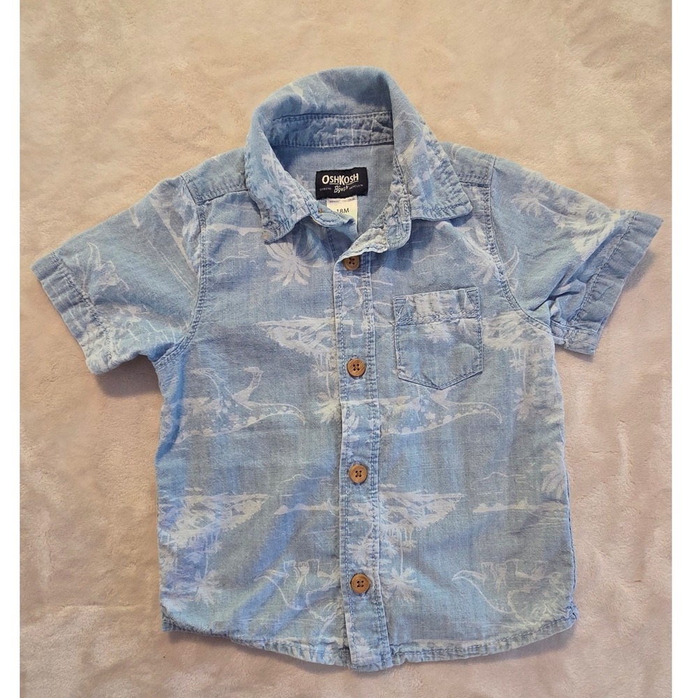 OshKosh‎ B'gosh 18M 100% Cotton Blue Tropical Dinosaur Button Down Shirt